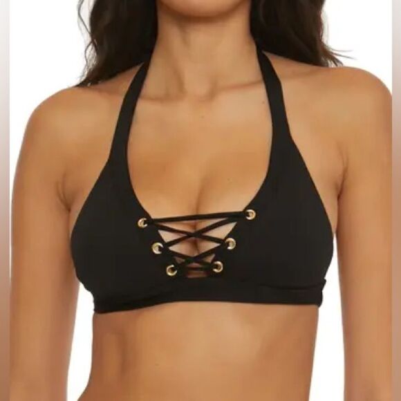 NWT- Becca-Modern Edge Halter- black with gold islets- bikini top- Size medium - Picture 1 of 11